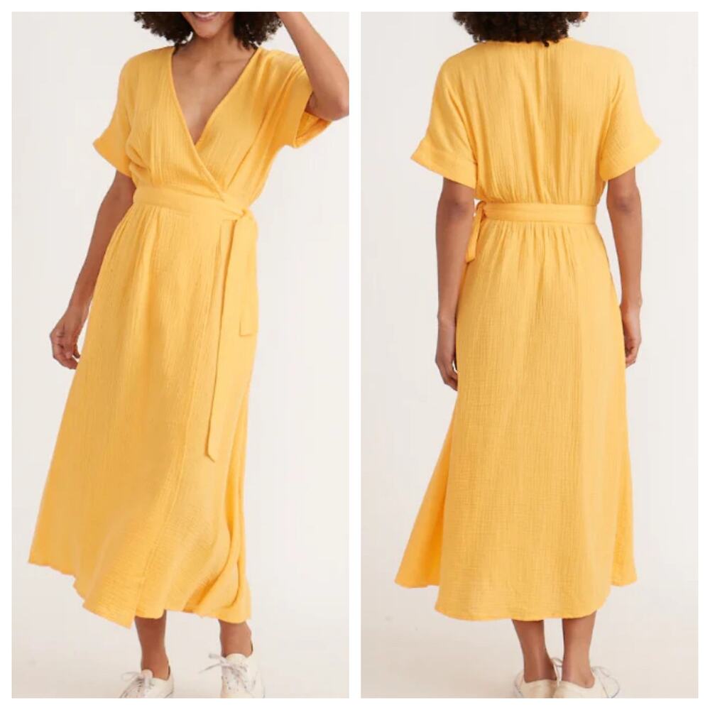 Marine Layer Midi Wrap Dress Valencia Cotton Short Sleeve Golden Yellow
